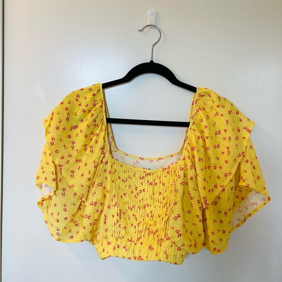 Chaser Yellow Floral Ruffle Crop Top Boho Festival Blouse Size Small - Picture 1 of 12